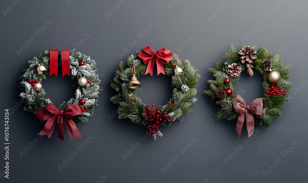Fototapeta premium Christmas and New Year designs with festive ornaments, golden snowflakes, cozy wreaths, and sparkling holiday accents for wallpaper and greeting cards