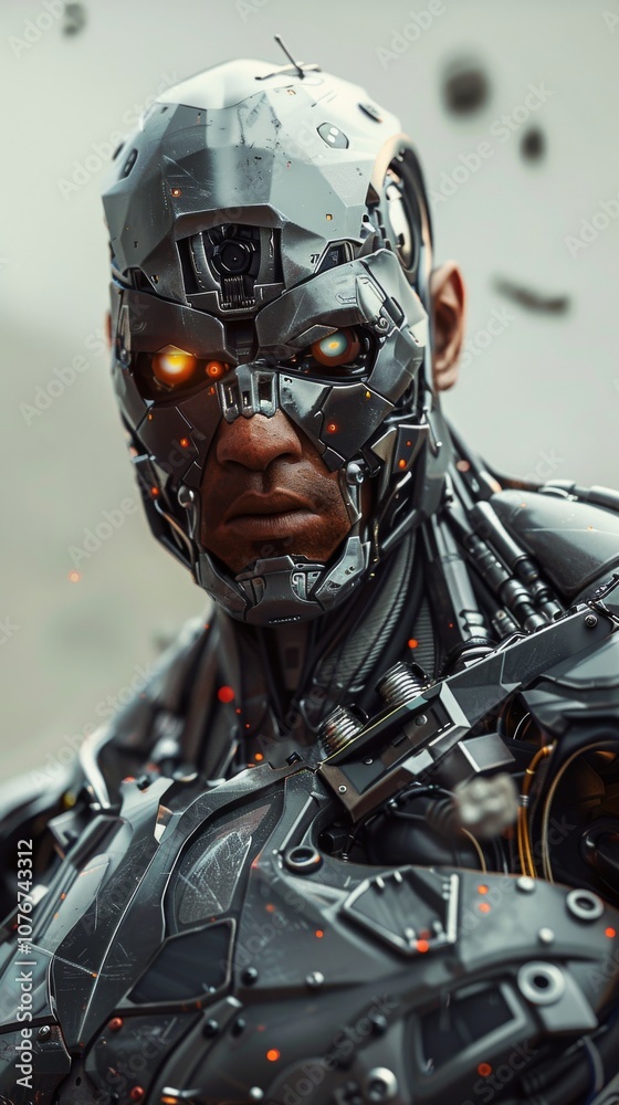 Fototapeta premium Futuristic Cyborg with Glowing Eyes in a High-Tech Environment