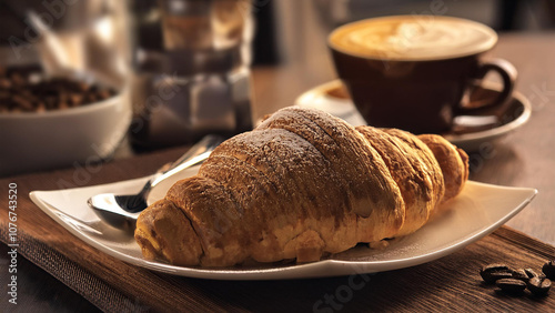 カフェのテーブルに置かれたコーヒーとクロワッサン