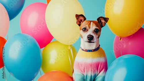 Dog in a Rainbow Sweater with Balloons