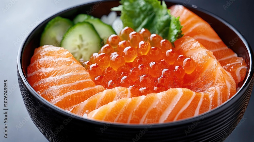 Freshly Prepared Salmon Donburi in a Beautiful Bowl Freshly Prepared Salmon Donburi in a Beautiful Bowl