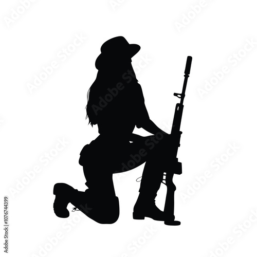 A woman is holding a gun. She is kneeling down. The gun is a rifle. The woman is wearing a helmet