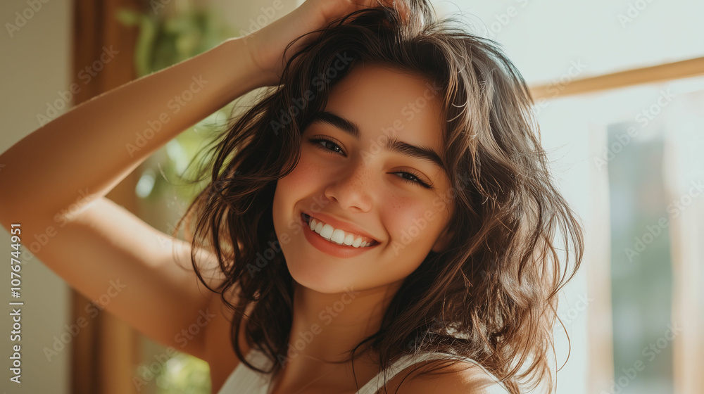 Fototapeta premium Young woman smiling joyfully in a sunlit room with natural decor during the afternoon