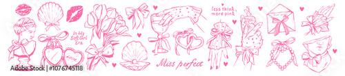 Coquettish pink girly collection, vector hand drawn woman hands in gloves, romantic wedding design. Valentine day feminine hearts, ribbon bow, lips kisses, elegant invitation kit. Coquettish pink icon