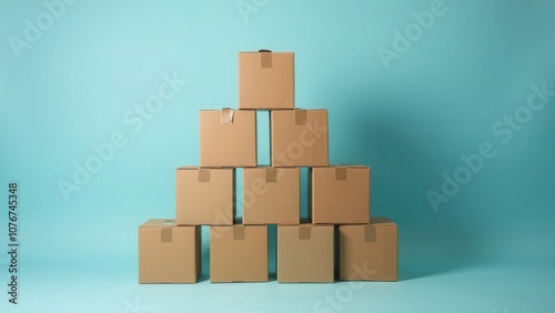 A neat arrangement of ten cardboard boxes forms a pyramid shape against a solid blue backdrop. The boxes are uniform in size and feature adhesive tape on each seam, showcasing an orderly display suita photo