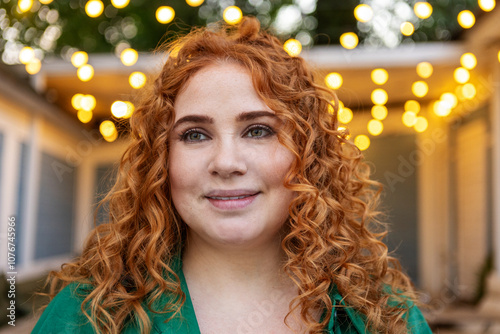 Beautiful Plus-size Woman with Curly Red Hair Smiles at Camera with Blurred Bokeh Background of Warm Lights Outdoors Evening