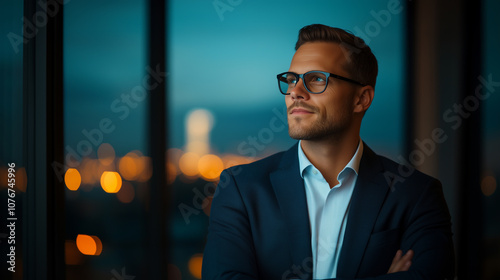 confident man in suit gazes thoughtfully out window, illuminated by city lights at dusk. His glasses reflect warm glow, creating professional yet contemplative atmosphere.