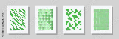 Retro abstract geometric pattern background. Line, circle, triangle and square art with green color. Trendy bauhaus pattern poster