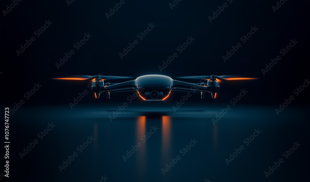 A drone in flight with glowing edges, showcasing its symmetrical structure against a dark backdrop, hovering in a stable horizontal position. A drone in flight with glowing edges, showcasing its symmetrical structure against a dark backdrop, hovering in a stable horizontal position.