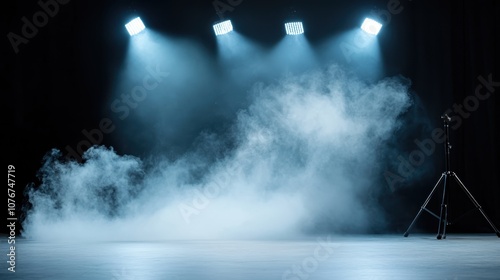 The image captures an empty stage enveloped in dense smoke with dramatic lighting from overhead spotlights, creating an ethereal and mystical stage atmosphere. photo