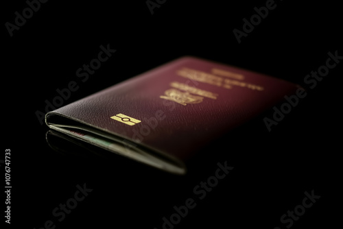 An isolated image of a passport with a maroon cover, slight signs of wear visible on the edges, lying horizontally against a dark background. photo