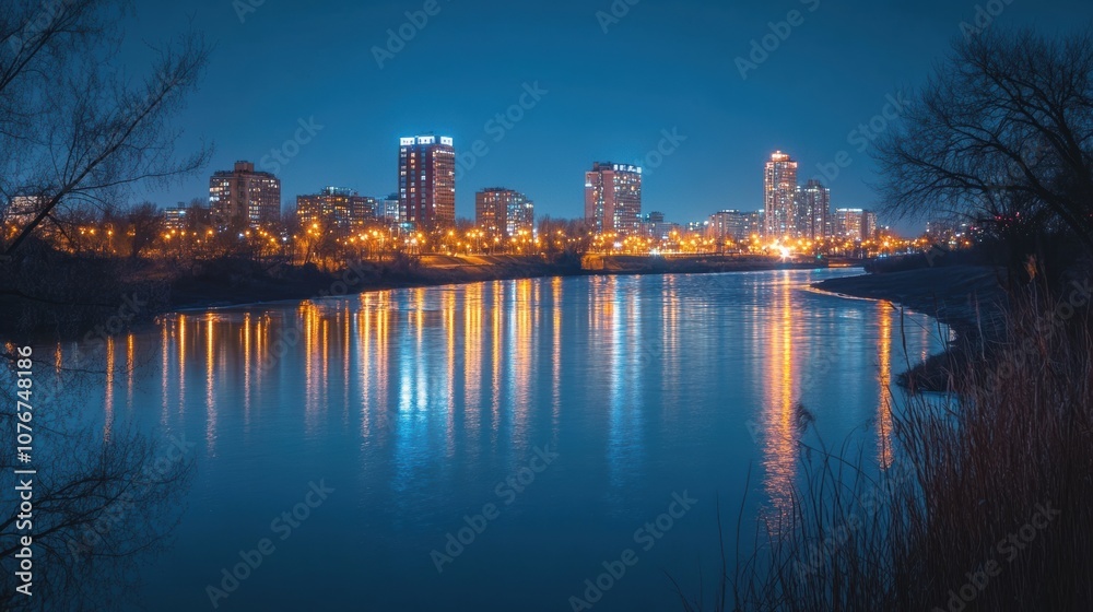 Fototapeta premium A city skyline at night with lights reflecting off the river, capturing urban life.
