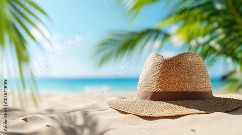 A sunlit sandy beach scene featuring a straw hat beneath palm leaves, capturing the essence of tropical leisure and oceanic tranquility on a clear sunny day.