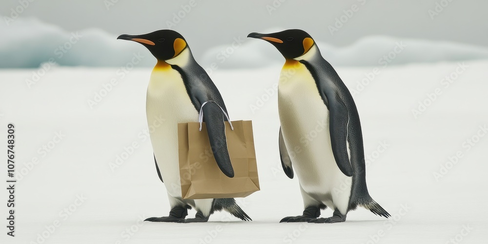 Fototapeta premium Two Penguins Waddle Side by Side, Each Carrying a Brown Paper Bag in a Cold Icy Environment Against a Soft Blur of Icebergs in the Background