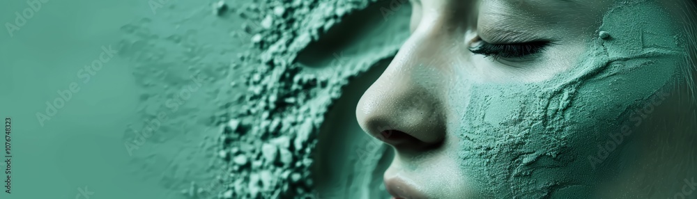 Fototapeta premium Antiaging collagen powder close up, focus on mix, copy space, bright visuals, double exposure silhouette with firm skin