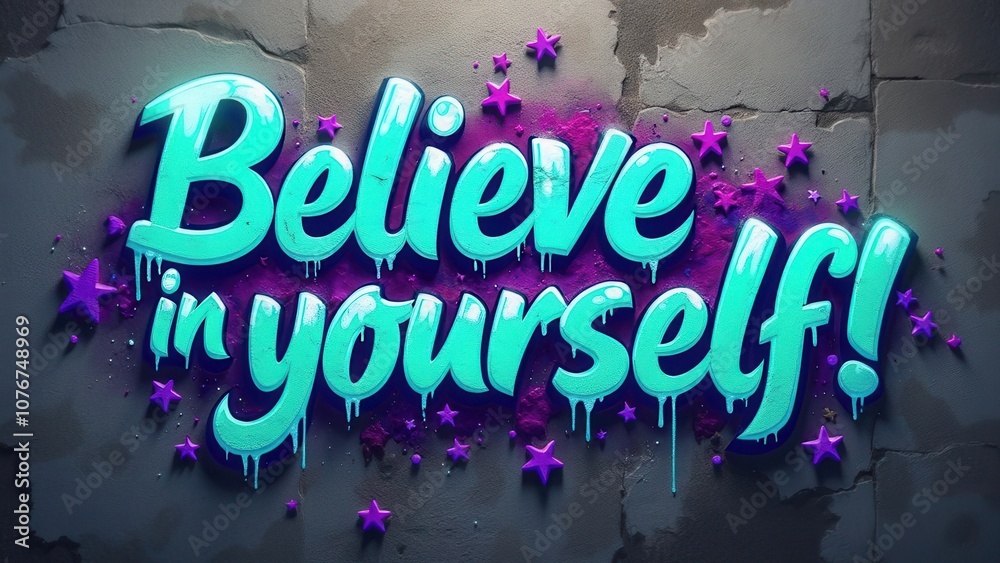 Naklejka premium A vibrant graffiti mural painted on a textured urban wall showcases the motivational phrase Believe in yourself in bright colors, surrounded by playful purple stars and artistic drips.