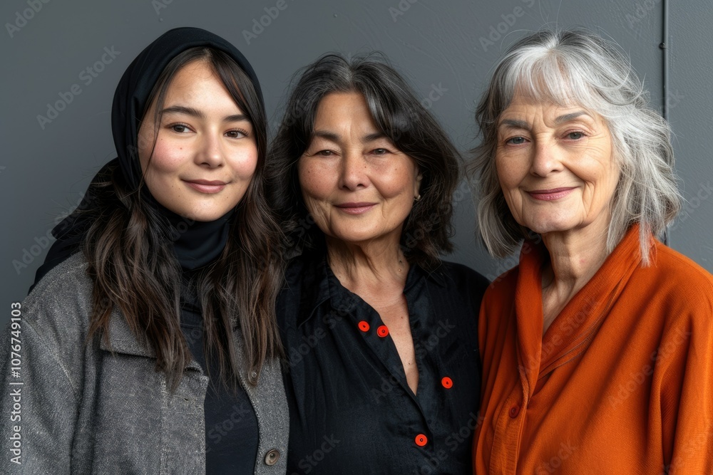 Diverse two generation women bond happily in portrait. Diverse two generation women bond happily in portrait.