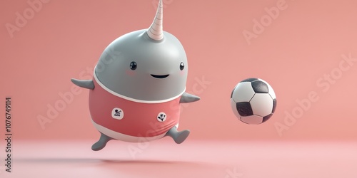 Cute Cartoon Narwhal in Soccer Jersey Joyfully Kicking a Soccer Ball Against a Soft Pink Background, Perfect for Kids’ Sports Themes and Creative Design Projects