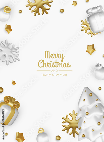 Merry Christmas and happy new year background. Christmas tree, Gift boxes, Christmas balls. Christmas element for web, banners, greeting card, template design.