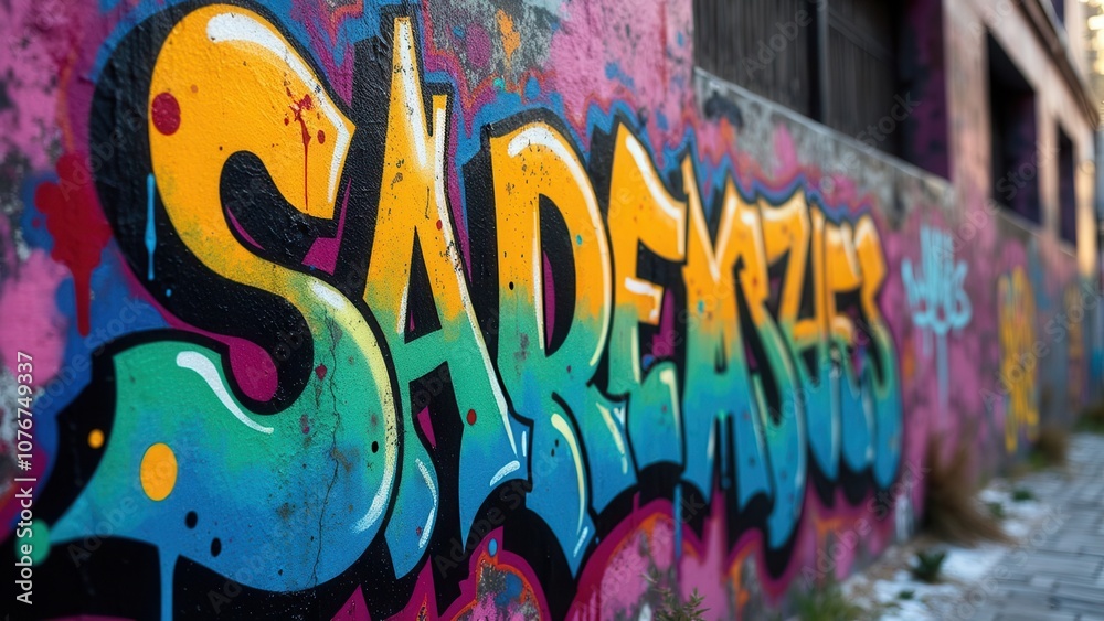 Vibrant graffiti covers a wall in a bustling urban area, showcasing bold colors and artistic designs under the warm sunlight. This colorful artwork captures the essence of street culture and creativit