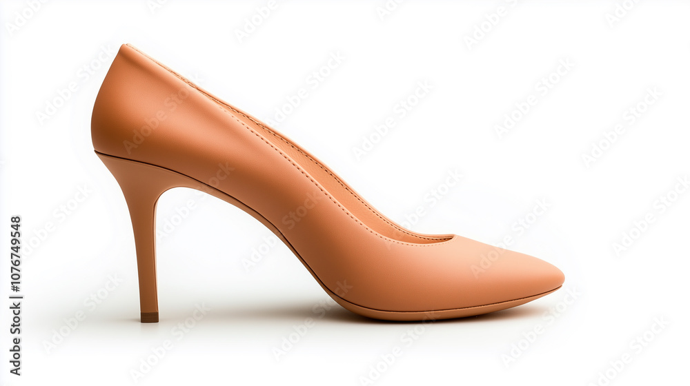 Elegant nude high heel shoe with pointed toe and slender heel, perfect for formal occasions and stylish outfits, on white background. Elegant nude high heel shoe with pointed toe and slender heel, perfect for formal occasions and stylish outfits, on white background.