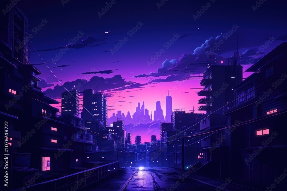Cyberpunk purple architecture cityscape.