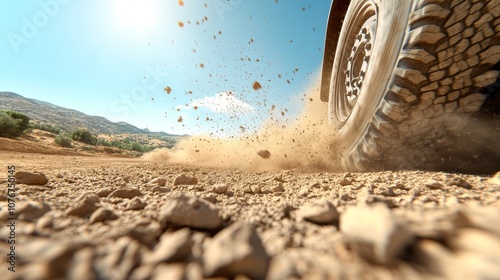 Close-up of truck tires on a gravel road with dust rising, bright midday sun casting harsh shadows, Photorealistic photo