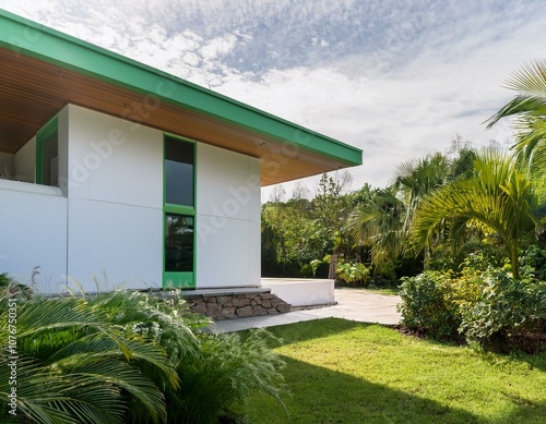 medium shot tropical green house with white walls photo