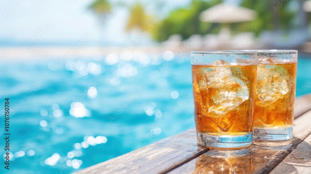Two glasses of iced drinks sit on a wooden surface by a beautifully lit pool, capturing the essence of relaxation and leisurely outdoor enjoyment in a tropical setting. Two glasses of iced drinks sit on a wooden surface by a beautifully lit pool, capturing the essence of relaxation and leisurely outdoor enjoyment in a tropical setting.