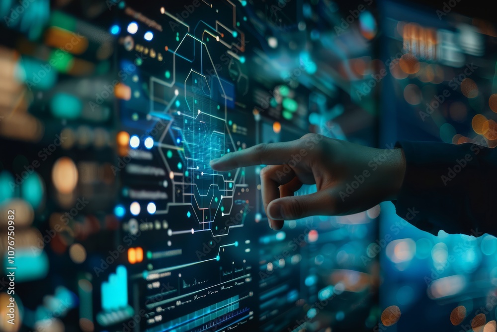 Futuristic Interface with Hand Interacting with Digital Data on a High-Tech Screen Futuristic Interface with Hand Interacting with Digital Data on a High-Tech Screen