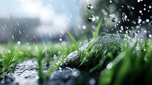 Raindrops descend and create splashes on green grass, framed by a natural backdrop, highlighting the raw essence and life-giving force of rain in nature. photo