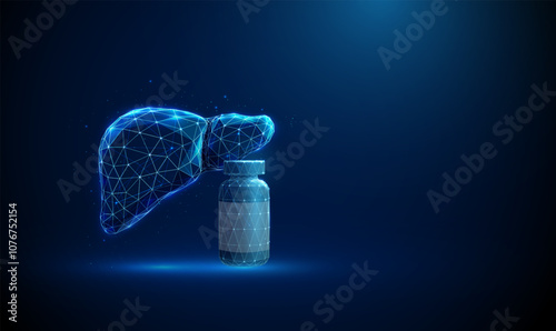 Abstract blue human liver with bottle. Healthcare, medical treatment and pharmacy concept. Low poly style.
