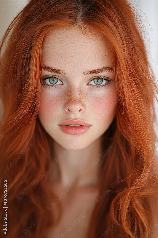 Naklejka premium Vibrant Redhead Youthfully Posed with Freckles in a Soft, Natural Light Setting