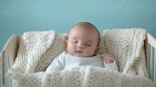 Serene and Tranquil Baby Sleeping Peacefully in Cozy Bassinet With Soft Blankets and Gentle Light in a Calm Indoor Setting photo