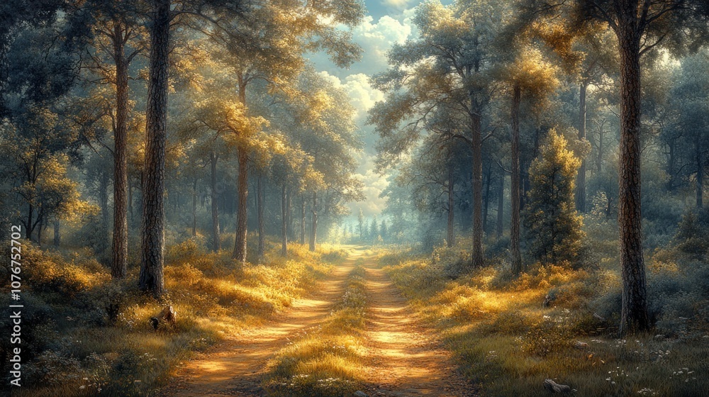 Fototapeta premium Serene forest path illuminated by soft sunlight and greenery.