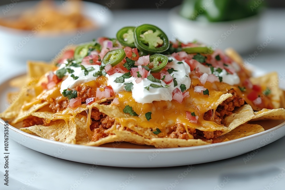Fototapeta premium Loaded Nachos with Chili, Cheese, and Toppings