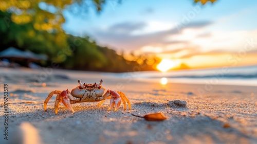 A close-up of a crab on a sandy beach with a vibrant sunrise in the background, highlighting the serene and beautiful natural landscape of a coastal area. photo