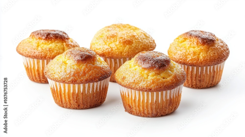 Five golden-brown muffins arranged on a white background, showcasing a delicious baked treat. Five golden-brown muffins arranged on a white background, showcasing a delicious baked treat.