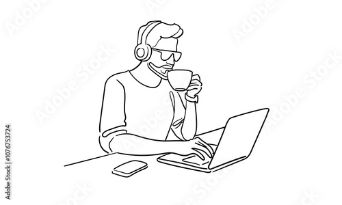 Guy businessman with headphones and coffee continuous line art drawing isolated on white background. Freelancer line art. Vector illustration