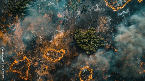 Aerial View of Satellite Photograph Showcasing Massive Swaths of Land Burned by Wildfires with Smoke Plumes and Charred Vegetation in the Landscape