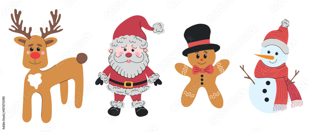 Obraz premium Vector flat winter holidays characters. Santa claus, rein deer, gingerbread man cookie in hat and snowman with knitted scarf and hat. Hand drawn vector flat illustrations. Greeting card design