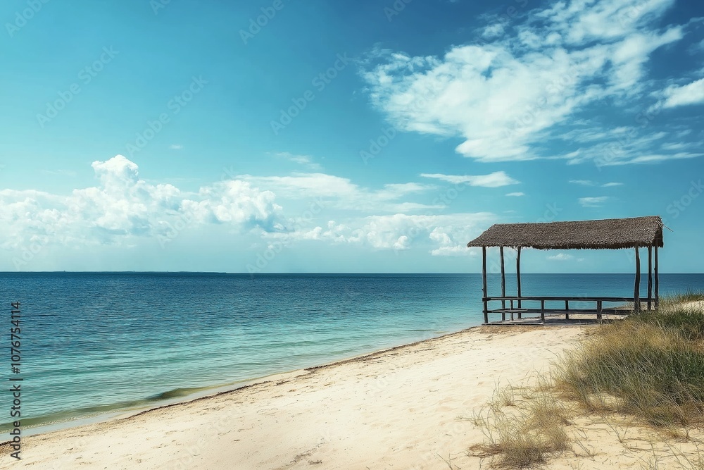 Fototapeta premium A tranquil scene with a deserted beach hut by the smooth, shimmering waters of the ocean.