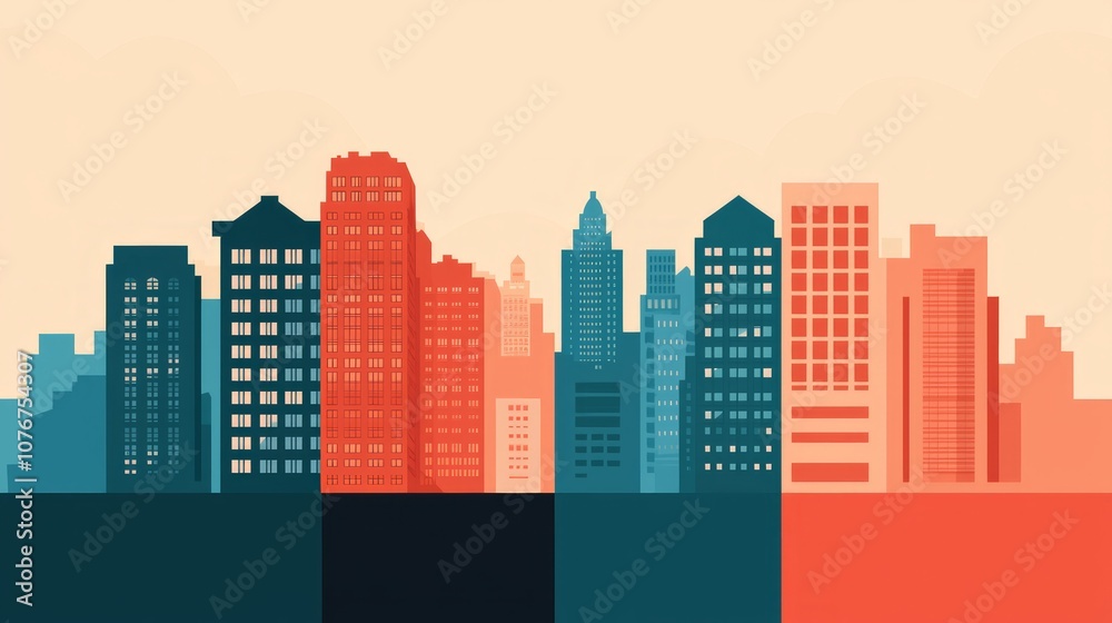 Obraz premium Stylized city skyline with colorful skyscrapers against a soft background.