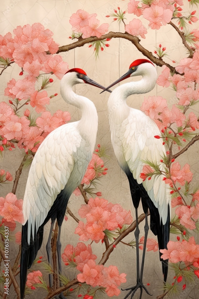 Fototapeta premium Ukiyo-e art two cranes animal bird waterfowl.