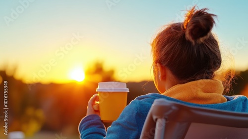 A person enjoys a tranquil sunrise while holding a cup of coffee, seated outdoors, capturing a perfect blend of serene nature and morning rituals. photo