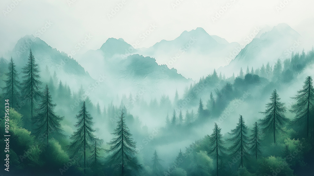Fototapeta premium Misty Forest In Gentle Watercolors: Mountains Looming In The Background Under A Soft, Hazy Sky