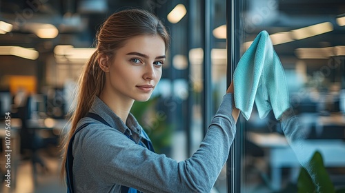 A Young Woman Cleaning a Glass Window in an Office photo