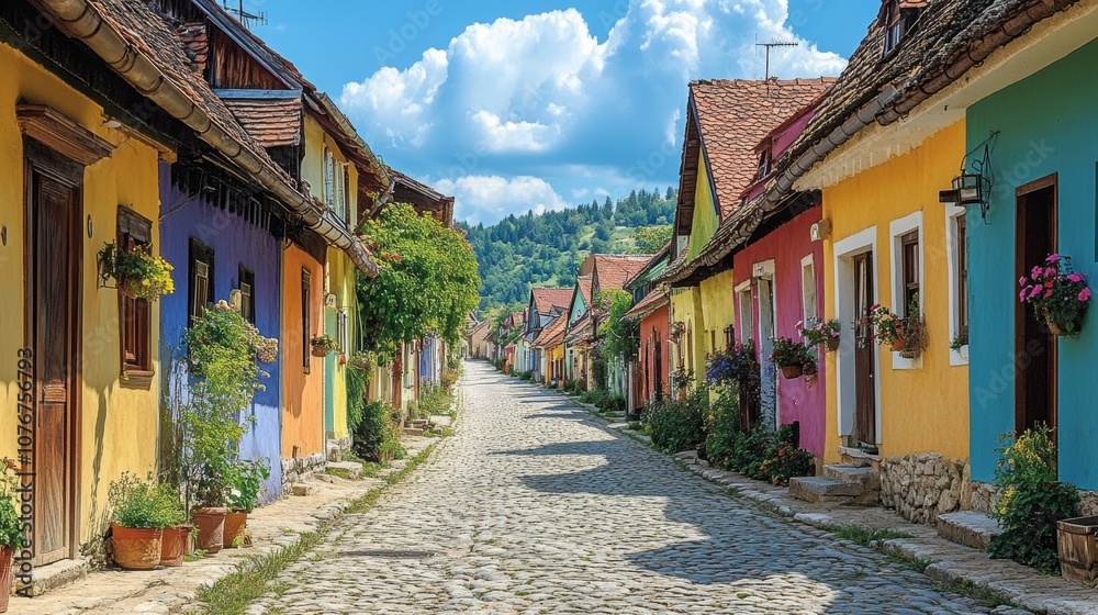 A picturesque village street lined with colorful houses and cobblestone paths A picturesque village street lined with colorful houses and cobblestone paths
