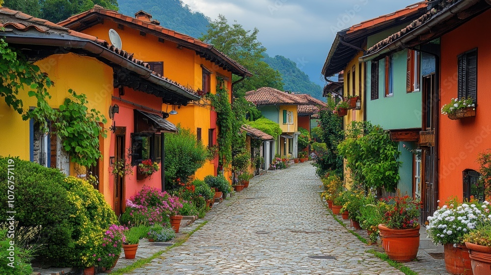 Fototapeta premium A picturesque village street lined with colorful houses and cobblestone paths