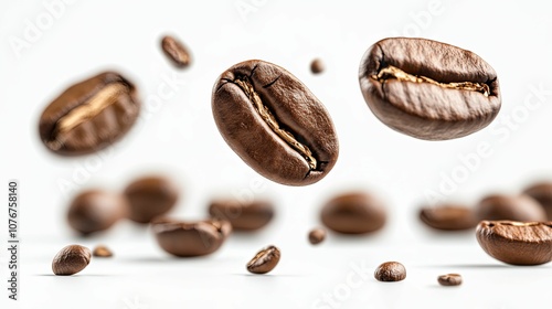 Close-up of Coffee Beans Falling Against a White Background photo